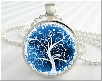 Blue Winter Tree of Life Pendant Necklace, Silver Plated Resin Charm 408RS