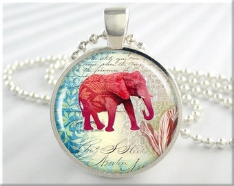 Elephant Art Pendant, African Elephant Jewelry, Resin Charm, Red Accessory, Round Silver, Gift Under 20, Animal Lover Gift 069RS