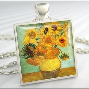 Van Gogh Sunflowers Art Pendant, Vincent Van Gogh Twelve Sunflowers Necklace, Square Silver, Gift Under 20, Vintage Art Gift 125SS
