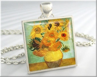 Van Gogh Sunflowers Art Pendant Necklace, Square Silver Plated 125SS