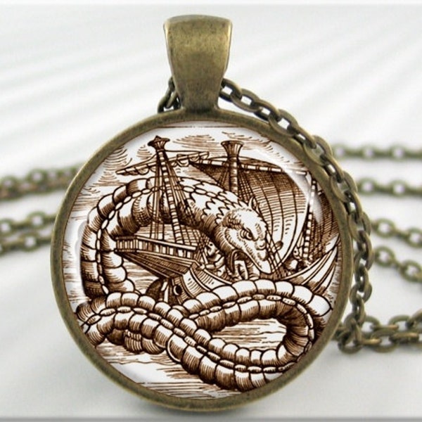 Sea Serpent Pendant, Sea Snake Necklace, Nautical Lore Jewelry, Sailing Jewelry, Sea Monster Art, Round Bronze, Nautical Gift 592RB