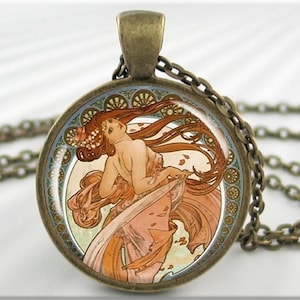 Alphonse Mucha Art Pendant, Resin Charm, Art Nouveau Jewelry, Picture Necklace, Neoclassical Art Gift, Gift Under 20, Round Bronze 185RB
