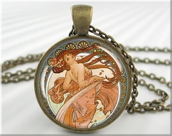Alphonse Mucha Art Nouveau Pendant Necklace: Bronze Resin Charm 185RB
