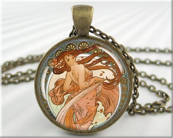 Alphonse Mucha Art Nouveau Pendant Necklace: Bronze Resin Charm 185RB
