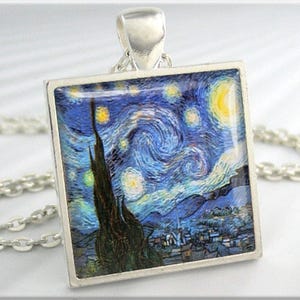 Van Gogh Starry Night Pendant, Vincent Van Gogh Art Pendant, Vintage Art Necklace, Resin Charm, Square Silver, Art Lover Gift 118SS