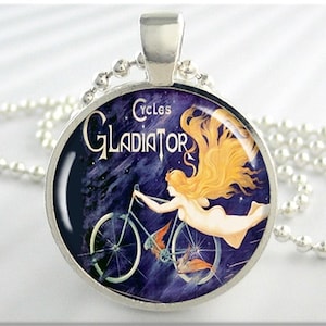 Gladiator Bicycle Pendant, Cycles Gladiator, Bike Jewelry, Resin Charm, Bicycle Necklace, Round Silver, Gift For Bicyclist 309RS