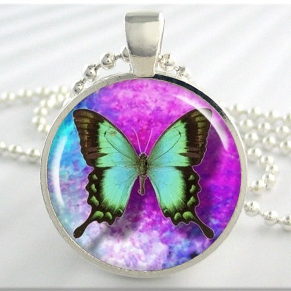 Butterfly Art Pendant, Purple Green Butterfly, Picture Pendant, Round Silver, Gift Under 20, Butterfly Necklace Jewelry, Girl Gift 140RS