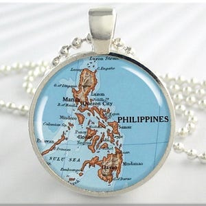 Colgante de resina con mapa de Filipinas, collar con mapa de las Islas Filipinas, joya con imagen, plata redonda, regalo por menos de 20 $, dije de mapa 607RS