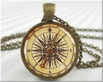 Compass Face Pendant, Resin Picture Necklace, Nautical Art Jewelry, Round Bronze, Gift Under 20, Ships Compass, Nautical Gift 545RB