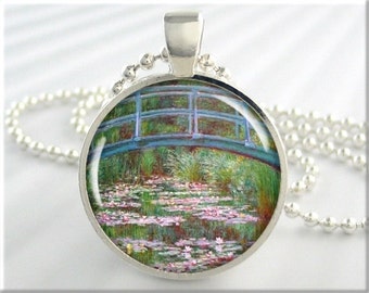 Monet Bridge Over Lilies Necklace, Claude Monet Lilies Art Charm, Spring Season Jewelry, Gift Under 20, Round Silver 173RS