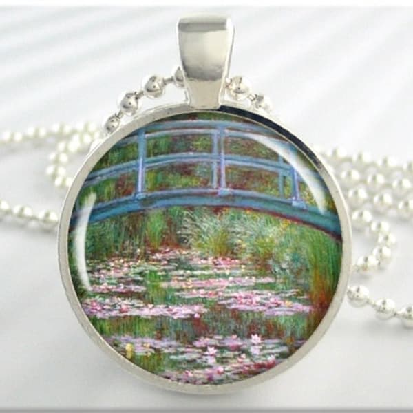 Monet Bridge Over Lilies Necklace, Claude Monet Lilies Art Charm, Spring Season Jewelry, Gift Under 20, Round Silver 173RS