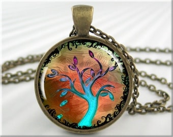 Tree Of Life Pendant, Turquoise Jewelry Necklace, Tree Art Pendant Charm, Round Bronze, Resin Pendant, Tree Of Life Jewelry 327RB