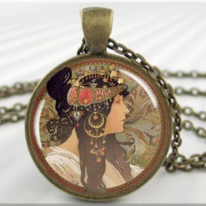 Alphonse Mucha Necklace, Vintage Art Charm, Mucha Byzantine Art Pendant, Art Nouveau Jewelry, Neoclassical Art Jewelry, Round Bronze 466RB