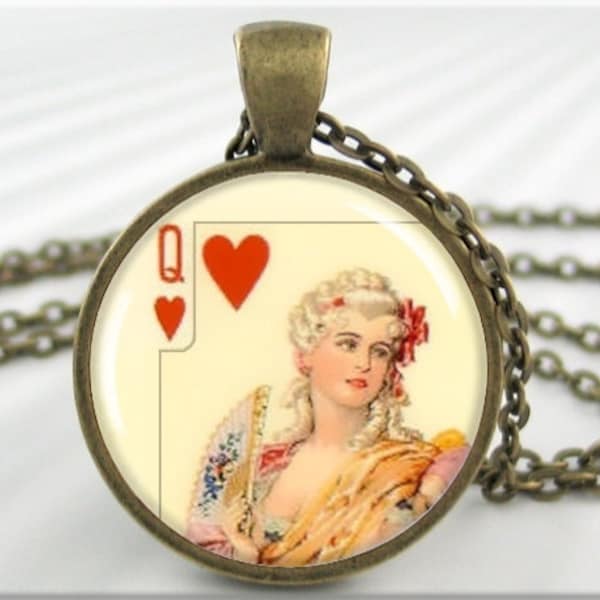 Playing Card Art Necklace, Art Pendant, Queen Of Hearts Valentines Jewelry, Resin Pendant, Round Bronze, Card Player Gift 568RB