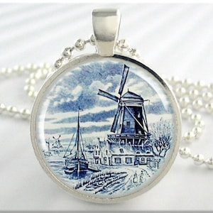 Dutch Windmill Pendant, Resin Charm, Holland Art Necklace, Delft Style Charm, Blue White Accessory, Gift Under 20, Picture Jewelry 124RS image 1