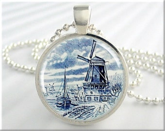 Dutch Windmill Pendant, Resin Charm, Holland Art Necklace, Delft Style Charm, Blue White Accessory, Gift Under 20, Picture Jewelry 124RS