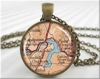 Sandpoint Map Pendant, Resin Charm, Sandpoint Idaho Necklace, Lake Pend Oreille Map Jewelry, Round Bronze, Gift Under 20, Map Charm 637RB