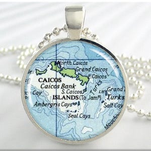 Colgante de las Islas Turcas y Caicos, dije de resina, collar con el mapa de las Islas Turcas y Caicos, joyería con imagen, regalo por menos de 20 dólares, dije de mapa, plata redonda 440RS