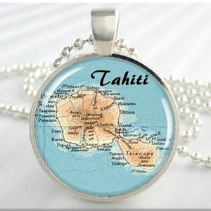 Colgante de resina con mapa de Tahití, archipiélago de Tahití, Polinesia Francesa, collar con mapa, regalo por menos de 20 $, redondo de plata, dije de mapa 642RS