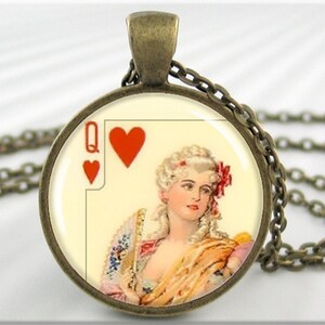 Playing Card Art Necklace, Art Pendant, Queen Of Hearts Valentines Jewelry, Resin Pendant, Round Bronze, Card Player Gift 568RB