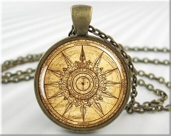 Vintage Compass Face Necklace, Bronze Nautical Pendant Charm, Sailor Gift 398RB