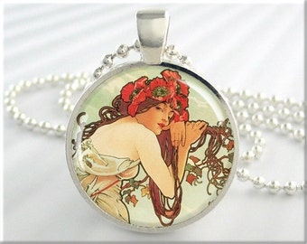 Summer Jewelry Pendant,Alphonse Mucha Resin Charm, Art Nouveau Necklace, Picture Jewelry, Gift Under 20, Neoclassical Art Gift 186RS