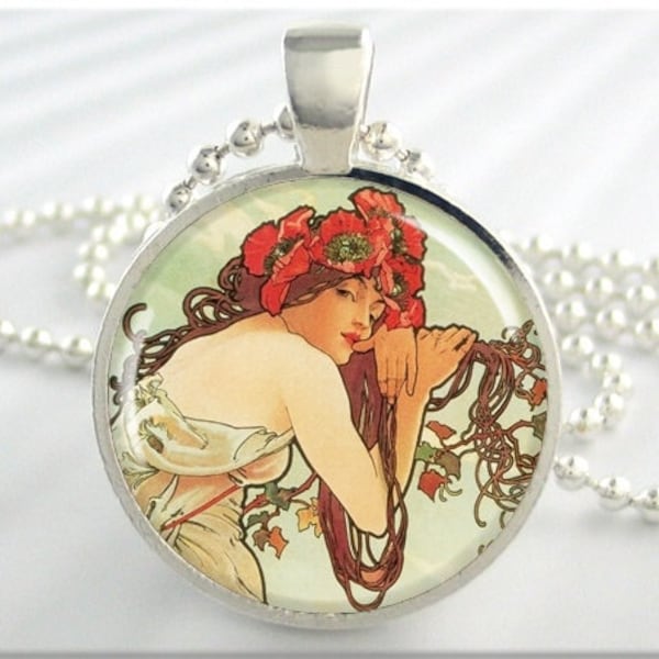 Summer Jewelry Pendant,Alphonse Mucha Resin Charm, Art Nouveau Necklace, Picture Jewelry, Gift Under 20, Neoclassical Art Gift 186RS