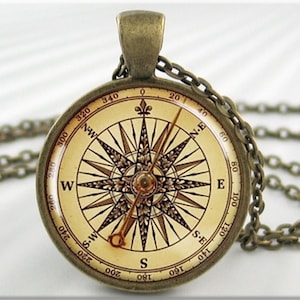 Compass Face Pendant, Resin Picture Necklace, Nautical Art Jewelry, Round Bronze, Gift Under 20, Ships Compass, Nautical Gift 545RB