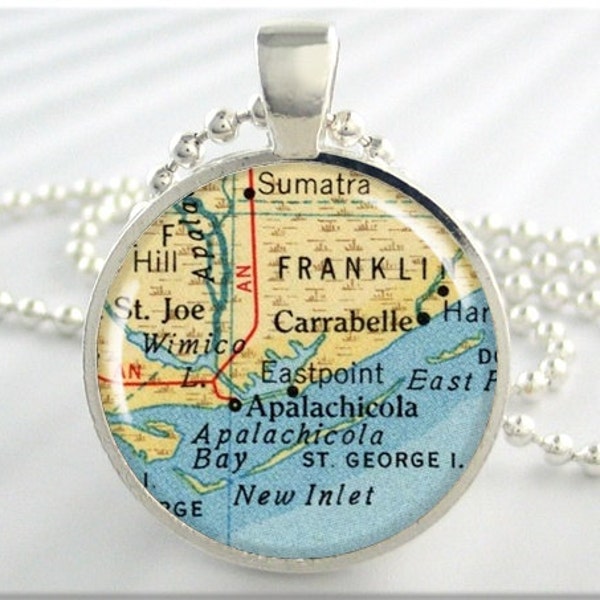 St George Map Pendant, St George Island Florida Map Necklace, Resin Picture Jewelry, Gift Under 20, Round Silver, Florida Gift 496RS