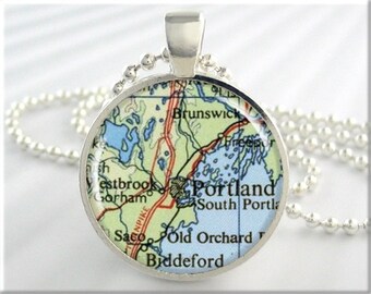 Portland Map Pendant, Portland Maine Map Necklace, Resin Picture Jewelry, Gift Under 20, Round Silver, Travel Charm 433RS