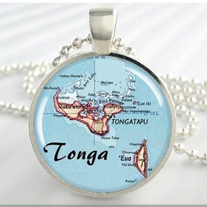 Tonga Map Pendant, Resin Charm, Polynesian Island Archipelago, Map Necklace, Picture Jewelry, Gift Under 20, Map Charm, Round Silver 625RS