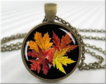 Fall Leaves Necklace, Fall Season Pendant, Resin Picture Charm, Autumn Jewelry, Round Bronze, Gift Under 20, Autumn Season Gift 003RB