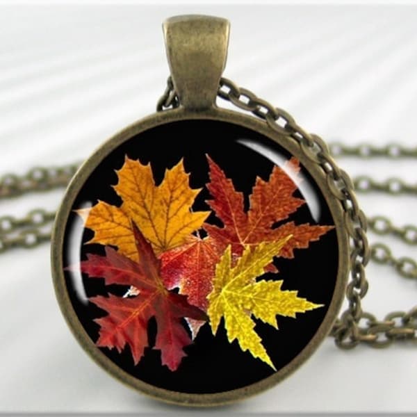 Fall Leaves Necklace, Fall Season Pendant, Resin Picture Charm, Autumn Jewelry, Round Bronze, Gift Under 20, Autumn Season Gift 003RB