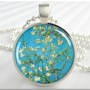 Van Gogh Almond Tree Pendant, Turquoise Jewelry, Van Gogh Blossoming Almond, Art Necklace, Resin Charm, Gift Under 20, Round Silver 123RS