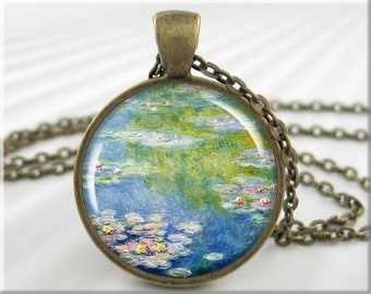 Monet Water Lilies Necklace, Summer Jewelry Resin Charm, Claude Monet Pendant, Impressionist Art Jewelry, Gift Under 20, Bronze Round 777RB