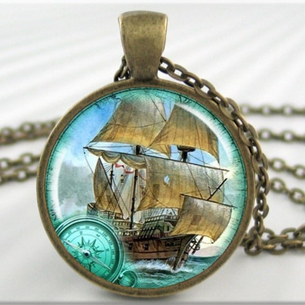 Pendentif de voilier, charme en résine, collier d’art de galion de voile, pendentif d’image, bronze rond, cadeau nautique, collier de voile 053RB