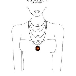 May include: A line drawing of a person wearing a necklace with four different lengths marked in inches: 16", 18", 21", and 24".
