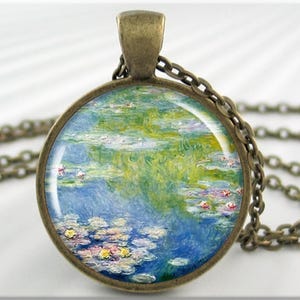 Monet Water Lilies Necklace, Summer Jewelry Resin Charm, Claude Monet Pendant, Impressionist Art Jewelry, Gift Under 20, Bronze Round 777RB