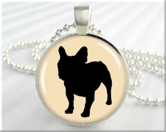 Bulldog Art Pendant, Resin Necklace, French Bulldog Charm, Dog Silhouette Jewelry, Picture Pendant, Round Silver, Dog Lover Gift 438RS