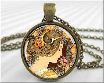Mucha Primrose Necklace, Art Nouveau Bronze Pendant, Artist Gift 169RB