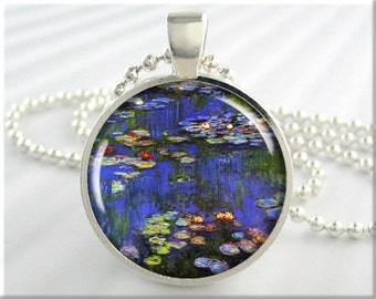 Monet Art Pendant, Vintage Art Necklace, Claude Monet Water Lilies Pendant, Resin Art Charm, Monet Jewelry, Round Silver 163RS
