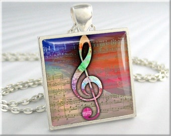 Music Note Pendant, Treble Clef Jewelry, Musical Necklace, Musician Gift, Music Staff Art Charm, Square Silver, Resin Pendant 039SS