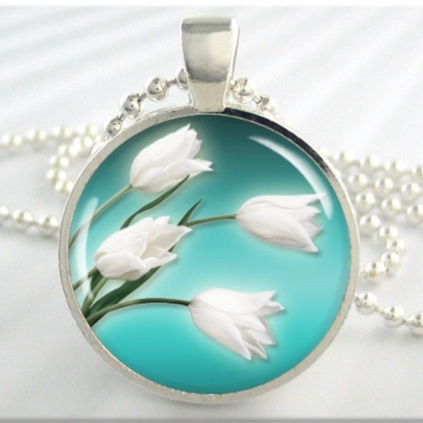 Tulip Flower Pendant, White Tulip Necklace, Turquoise Jewelry, Art Pendant, Flower Art, Round Silver Charm, Flower Floral Art Charm 097RS