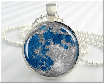 Blue Moon Pendant: Silver Resin Charm Necklace, Space Gift 318RS