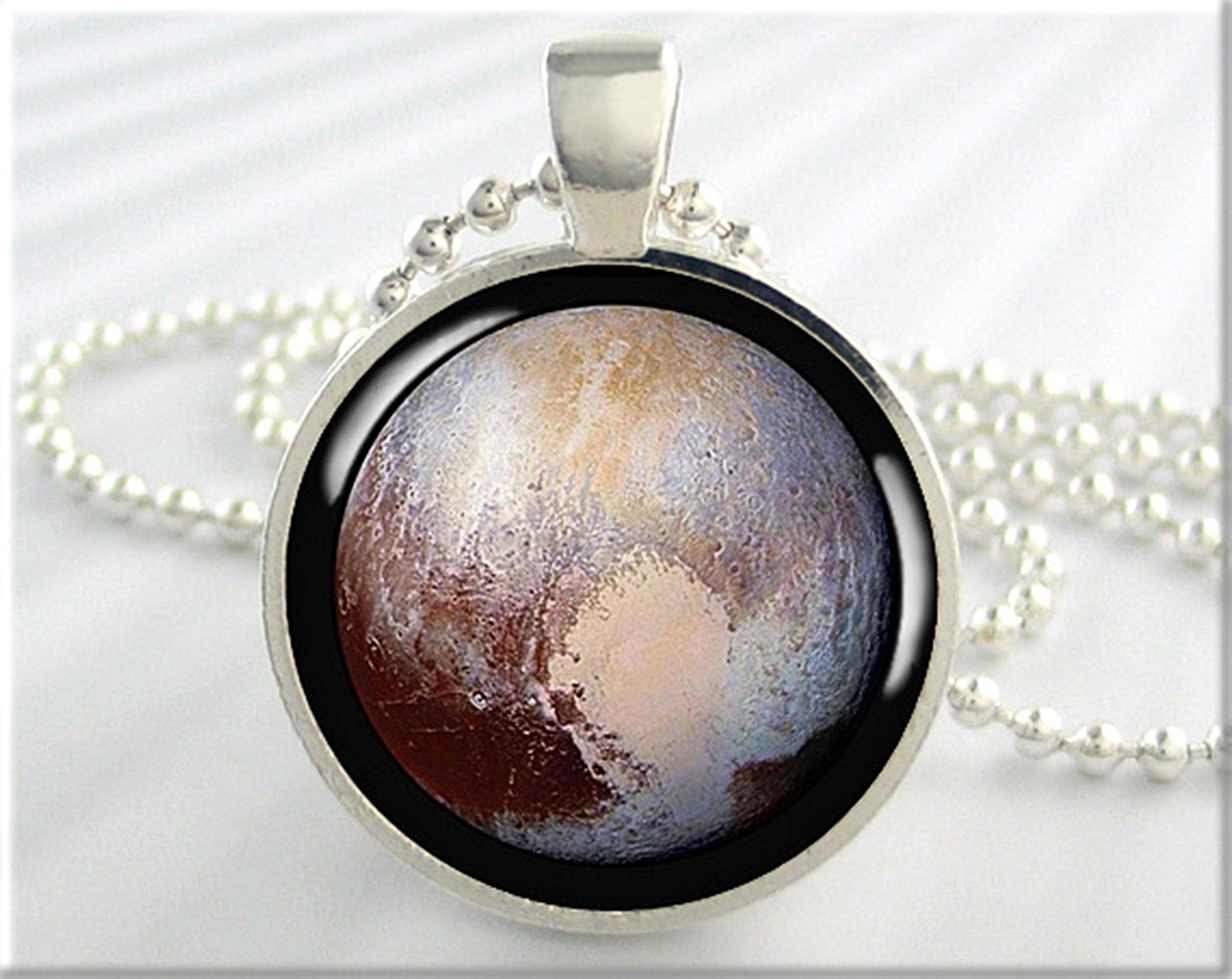 Pluto Photo Pendant Necklace, Bronze Planet Charm, Space Jewelry