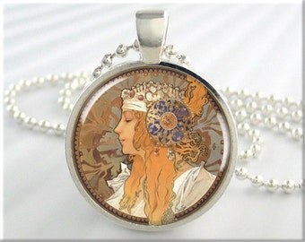 Mucha Art Necklace, Resin Pendant, Art Nouveau Jewelry, Neoclassical Art Charm, Round Silver, Gift Under 20, Art Lover Gift 474RS