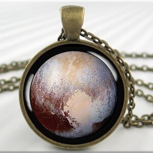 Pluto Pendant Necklace, Resin Charm, Planet Pluto Jewelry, Space Gift, Planet Pendant, Gift Under 20, Round Bronze Pendant 701RB image 1