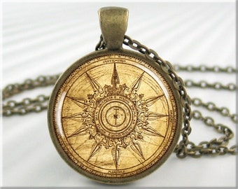 Compass Face Necklace, Resin Pendant Charm, Nautical Jewelry, Compass Pendant, Round Bronze, Nautical Gift, Nautical Art Charm 398RB