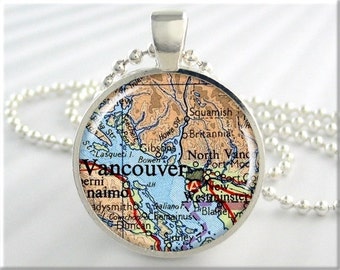 Vancouver Map Pendant, Resin Charm, Vancouver Canada, Map Necklace, Picture Jewelry, Gift Under 20, Map Charm, Round Silver 490RS