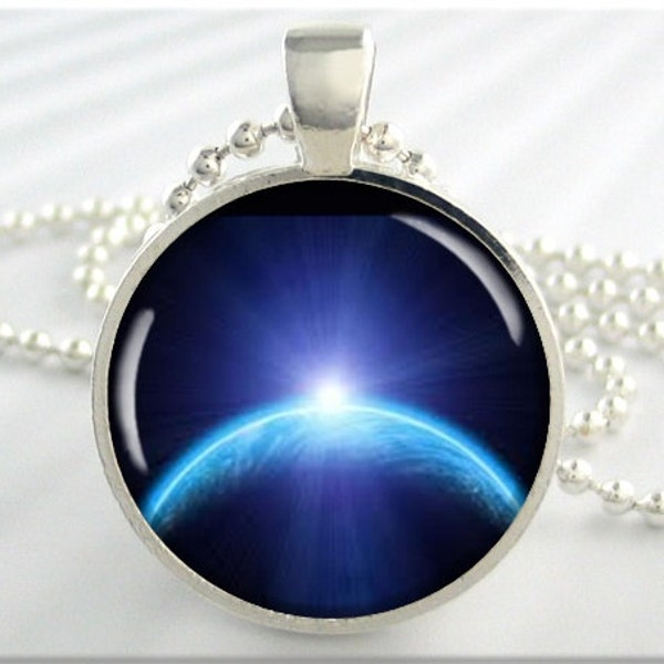 Space Sunrise Pendant, Planet Earth Necklace, Earth Orbit Space Charm, Gift For Space Geek, Gift Under 20, Round Silver 559RS